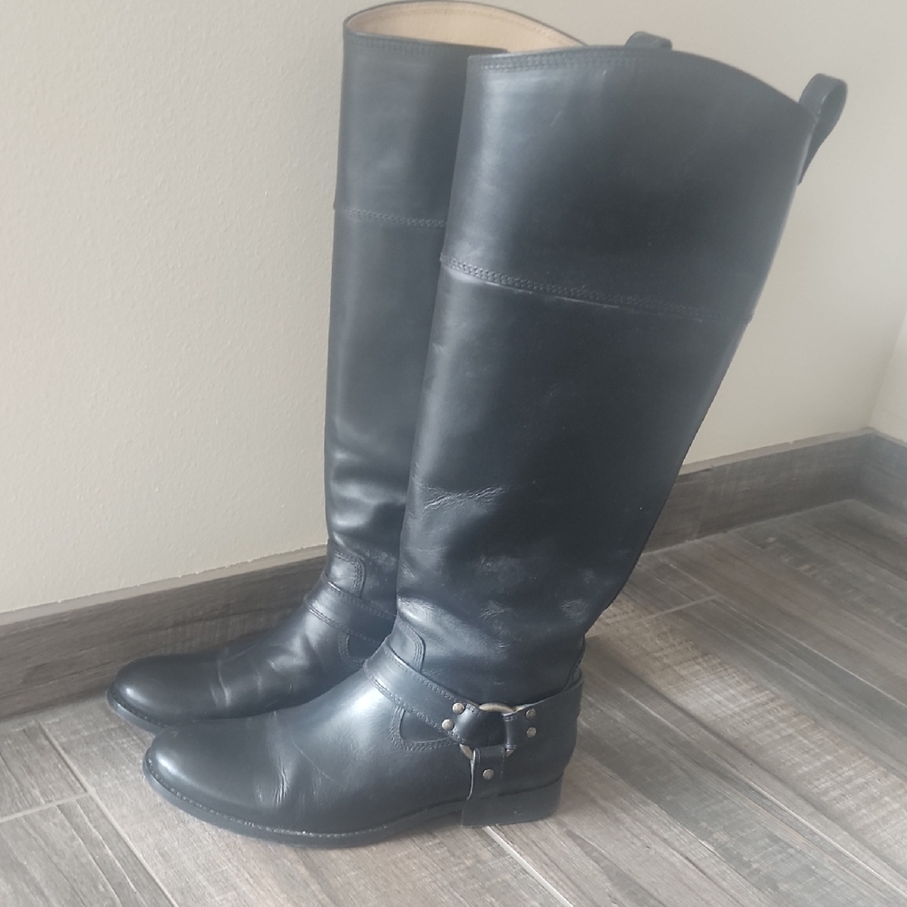 Frye Melissa Harness Inside Zip Knee High Boots Black Leather 8.5